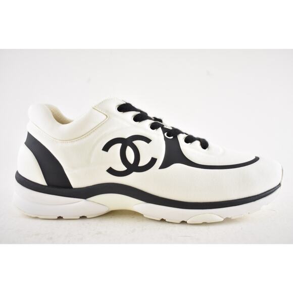 Chanel 20C Men White Black Neoprene CC Logo Low Top Runner Trainer Sneaker 44 11 - Picture 2 of 12